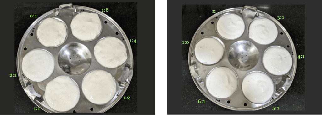 Different idli batter ratio samples ready for steaming